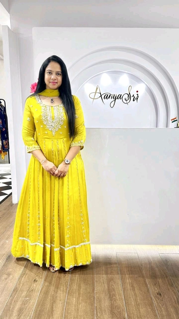 SF3 5541  Embroidery dress This chinnon Anarkali with Jari Embroidery work  Chinnon Silk  - Yellow, M-38