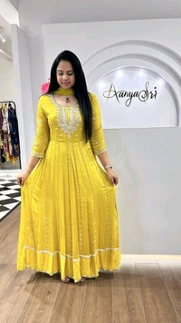 SF3 5541  Embroidery dress This chinnon Anarkali with Jari Embroidery work  Chinnon Silk  - Yellow, M-38