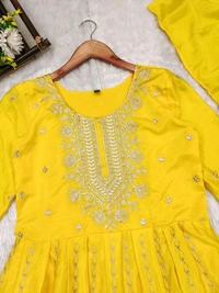 SF3 5541  Embroidery dress This chinnon Anarkali with Jari Embroidery work  Chinnon Silk  - Yellow, M-38
