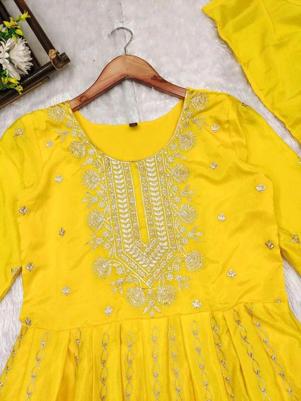 SF3 5541  Embroidery dress This chinnon Anarkali with Jari Embroidery work  Chinnon Silk  - Yellow, M-38