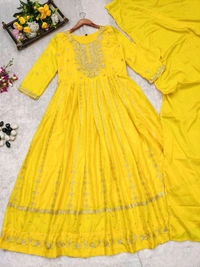 SF3 5541  Embroidery dress This chinnon Anarkali with Jari Embroidery work  Chinnon Silk  - Yellow, M-38