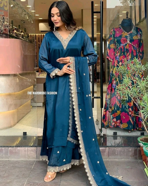 SF3  5542  New print with  work and Dupatta 3 pic suit set  Roman satin febric with print  - L-40