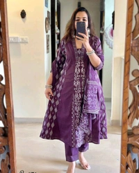 SF2  5544 New Malmal Cotton  Moti work  beautiful Heavy anarkali 3pcs kurti set suqens work Suit which  - Purple, 3XL-46