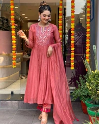 SF3  5555 *New BRAND *Beautiful hit design anarkali 3pcs**Kurta with hand with Embroidery work  cotton  Pant with pocket - Blush Pink, L-40