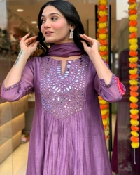 SF3  5555 *New BRAND *Beautiful hit design anarkali 3pcs**Kurta with hand with Embroidery work  cotton  Pant with pocket - Purple, L-40