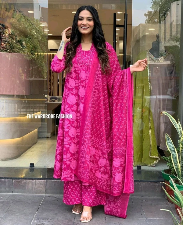SF3  5558 *New Full  anarkali 3pcs Pure cotton Kurti Pant Dupatta  60.60 Set . Kurti with neck embroidery work with pant and dupatta With Floral Print - M-38