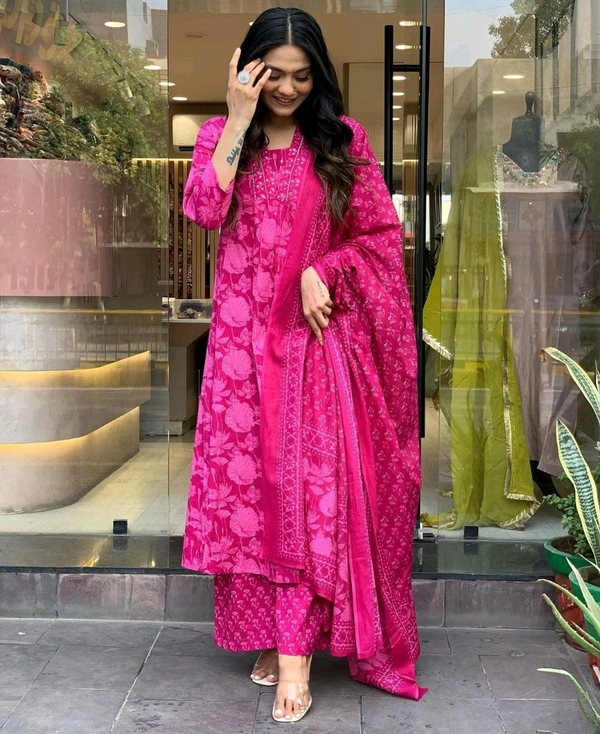 SF3  5558 *New Full  anarkali 3pcs Pure cotton Kurti Pant Dupatta  60.60 Set . Kurti with neck embroidery work with pant and dupatta With Floral Print - M-38
