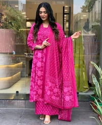 SF3  5558 *New Full  anarkali 3pcs Pure cotton Kurti Pant Dupatta  60.60 Set . Kurti with neck embroidery work with pant and dupatta With Floral Print - M-38