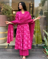 SF3  5558 *New Full  anarkali 3pcs Pure cotton Kurti Pant Dupatta  60.60 Set . Kurti with neck embroidery work with pant and dupatta With Floral Print - M-38