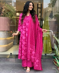 SF3  5558 *New Full  anarkali 3pcs Pure cotton Kurti Pant Dupatta  60.60 Set . Kurti with neck embroidery work with pant and dupatta With Floral Print - M-38