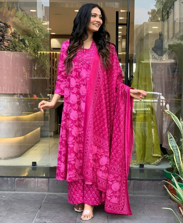 SF3  5558 *New Full  anarkali 3pcs Pure cotton Kurti Pant Dupatta  60.60 Set . Kurti with neck embroidery work with pant and dupatta With Floral Print - M-38