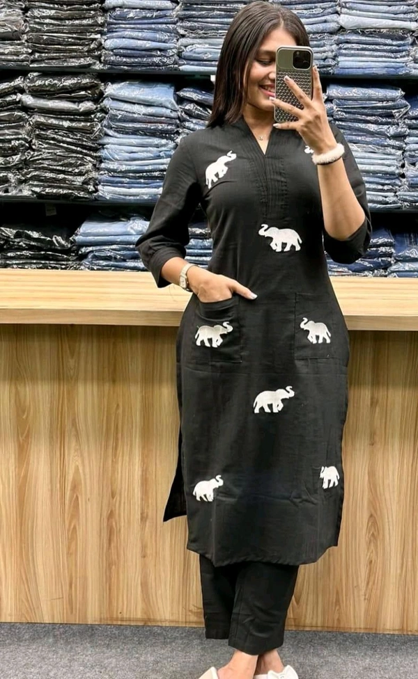 SF3  5559 Ethnic Stylish Top Pant set*Designer Top Pant set In *South Cotton * Fabric With Ethnic Elephant Embroidery work  - Black, XL-42