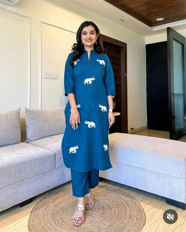 SF3  5559 Ethnic Stylish Top Pant set*Designer Top Pant set In *South Cotton * Fabric With Ethnic Elephant Embroidery work  - Blue, M-38