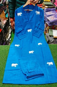 SF3  5559 Ethnic Stylish Top Pant set*Designer Top Pant set In *South Cotton * Fabric With Ethnic Elephant Embroidery work  - Blue, M-38