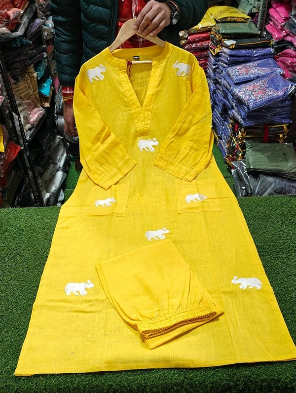 SF3  5559 Ethnic Stylish Top Pant set*Designer Top Pant set In *South Cotton * Fabric With Ethnic Elephant Embroidery work  - Yellow, M-38