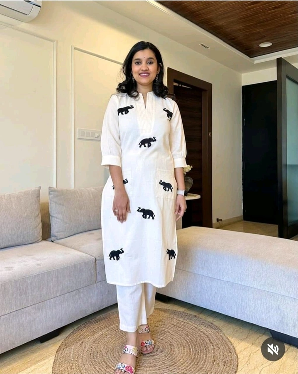 SF3  5559 Ethnic Stylish Top Pant set*Designer Top Pant set In *South Cotton * Fabric With Ethnic Elephant Embroidery work  - White, 3XL-46