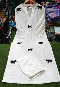 SF3  5559 Ethnic Stylish Top Pant set*Designer Top Pant set In *South Cotton * Fabric With Ethnic Elephant Embroidery work  - White, 3XL-46