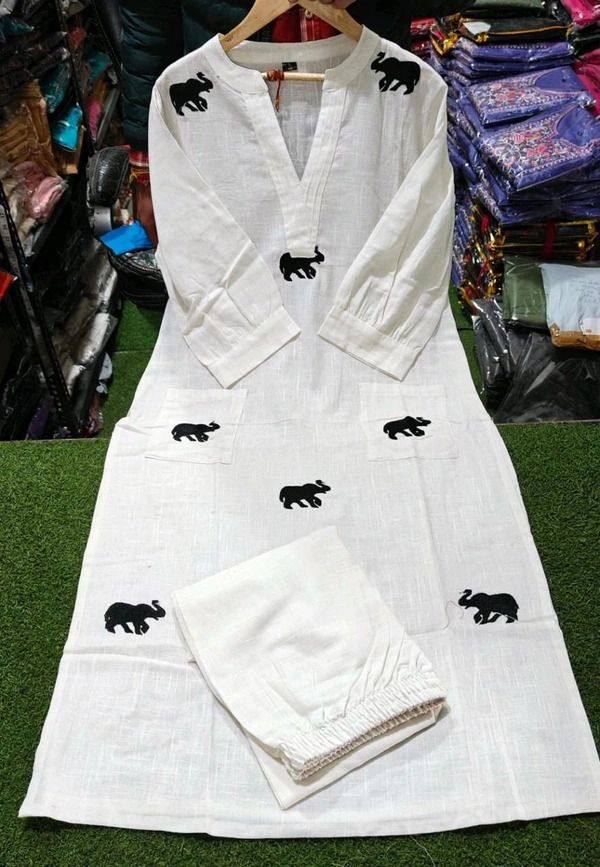 SF3  5559 Ethnic Stylish Top Pant set*Designer Top Pant set In *South Cotton * Fabric With Ethnic Elephant Embroidery work  - White, 3XL-46