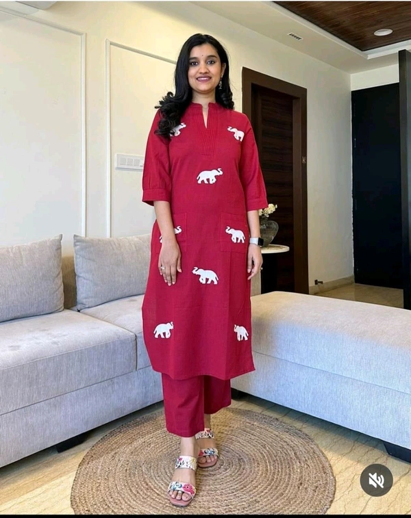 SF3  5559 Ethnic Stylish Top Pant set*Designer Top Pant set In *South Cotton * Fabric With Ethnic Elephant Embroidery work  - Red, XL-42