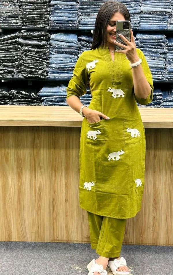 SF3  5559 Ethnic Stylish Top Pant set*Designer Top Pant set In *South Cotton * Fabric With Ethnic Elephant Embroidery work  - Green, XL-42