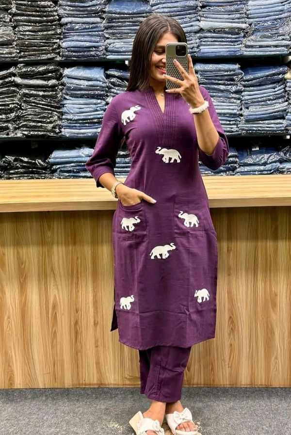 SF3  5559 Ethnic Stylish Top Pant set*Designer Top Pant set In *South Cotton * Fabric With Ethnic Elephant Embroidery work  - Purple, 3XL-46