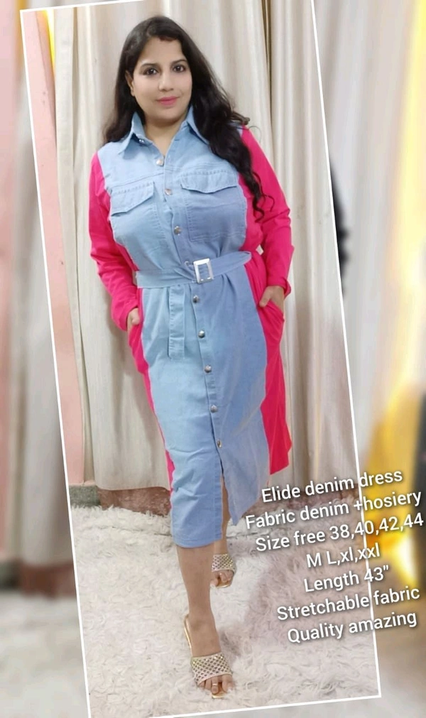 KD18  5562 very beautiful  Elide Denim Dress* - Pink, L-40