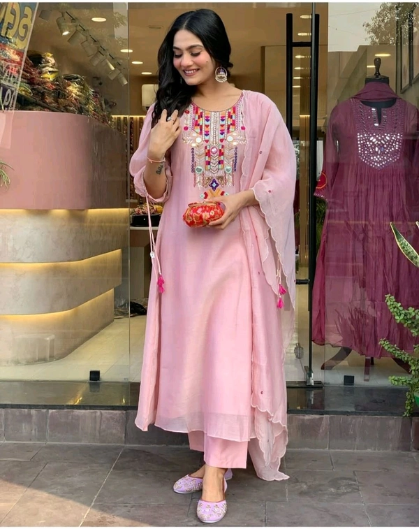 KDC 5563 New Collection  latest collection Chanderi* suit with cotton pant naazmin dupatta- beautiful embroidery  - Pink, XL-42