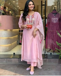 KDC 5563 New Collection  latest collection Chanderi* suit with cotton pant naazmin dupatta- beautiful embroidery  - Pink, XL-42