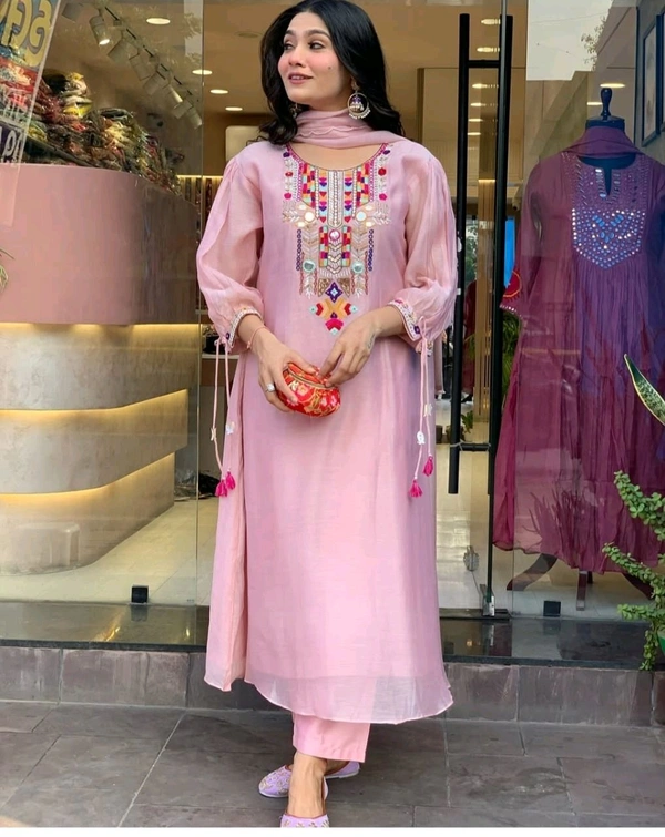 KDC 5563 New Collection  latest collection Chanderi* suit with cotton pant naazmin dupatta- beautiful embroidery  - Pink, XL-42