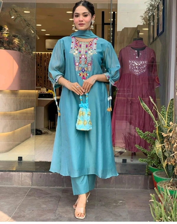 KDC 5563 New Collection  latest collection Chanderi* suit with cotton pant naazmin dupatta- beautiful embroidery  - Blue, 2XL-44