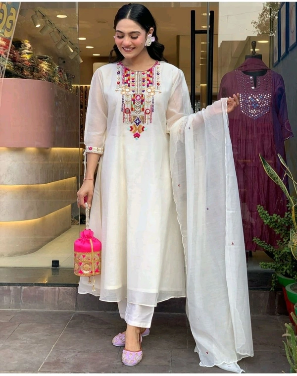 KDC 5563 New Collection  latest collection Chanderi* suit with cotton pant naazmin dupatta- beautiful embroidery  - White, 2XL-44