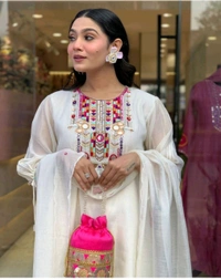 KDC 5563 New Collection  latest collection Chanderi* suit with cotton pant naazmin dupatta- beautiful embroidery  - White, 2XL-44