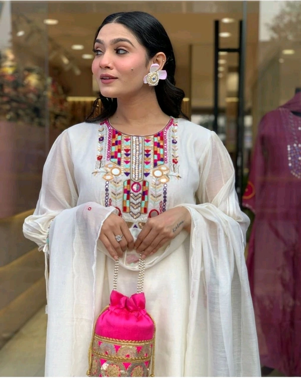 KDC 5563 New Collection  latest collection Chanderi* suit with cotton pant naazmin dupatta- beautiful embroidery  - White, 2XL-44