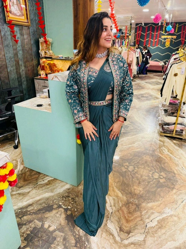 DSS 5574 Ready To Wear Saree With Jacket Saree  Heavy Diamond Satin Silk With Multi Thread Embroidery  Patch Work Butta  - 2XL-44