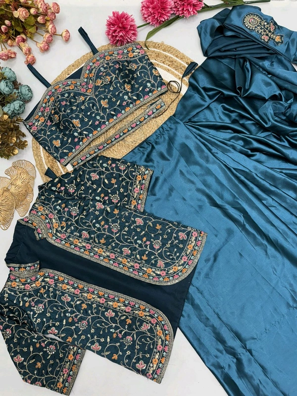 DSS 5574 Ready To Wear Saree With Jacket Saree  Heavy Diamond Satin Silk With Multi Thread Embroidery  Patch Work Butta  - 2XL-44