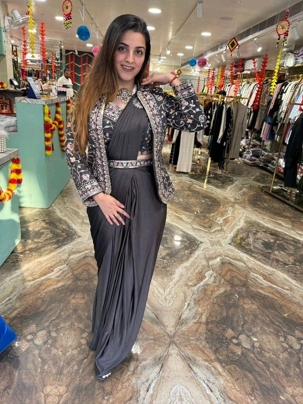 DSS 5575  Ready To Wear Saree With Jacket Saree Heavy Diamond Satin Silk With Multi Thread Embroidery  Patch Work Butta - 2XL-44