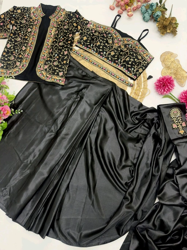 DSS 5575  Ready To Wear Saree With Jacket Saree Heavy Diamond Satin Silk With Multi Thread Embroidery  Patch Work Butta - 2XL-44