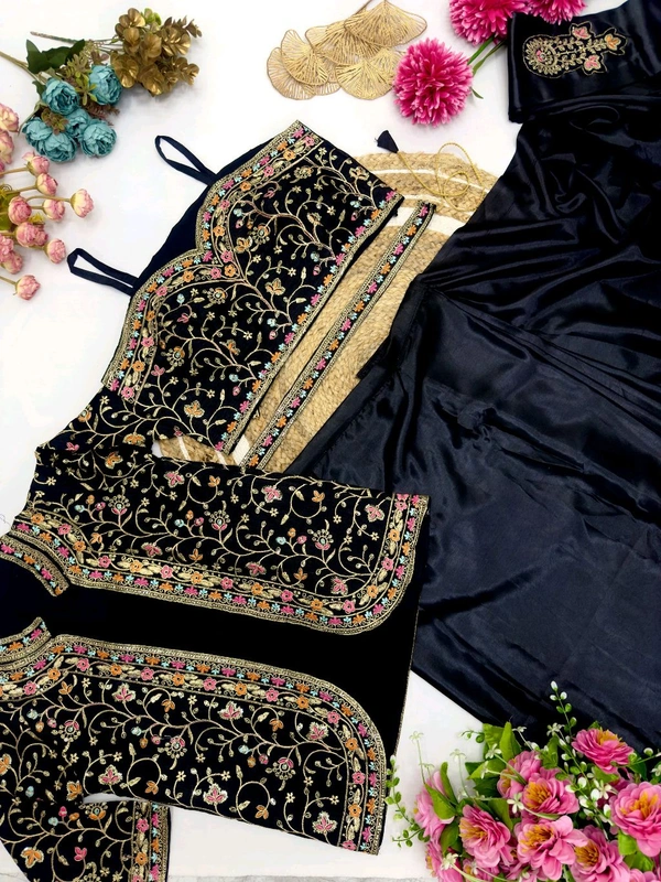 DSS 5575  Ready To Wear Saree With Jacket Saree Heavy Diamond Satin Silk With Multi Thread Embroidery  Patch Work Butta - 2XL-44