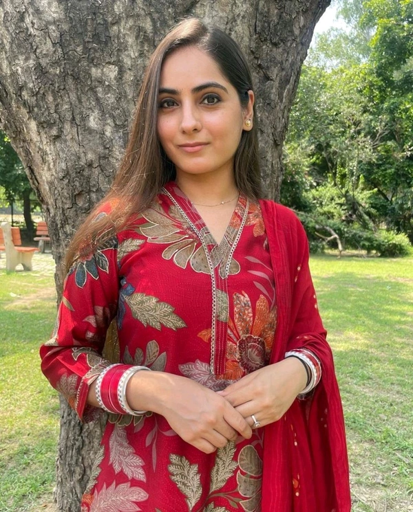 SF3  5577 New straight kurta set with new style in machin   print   -Muslim Work Embroidery  work - Red, M-38