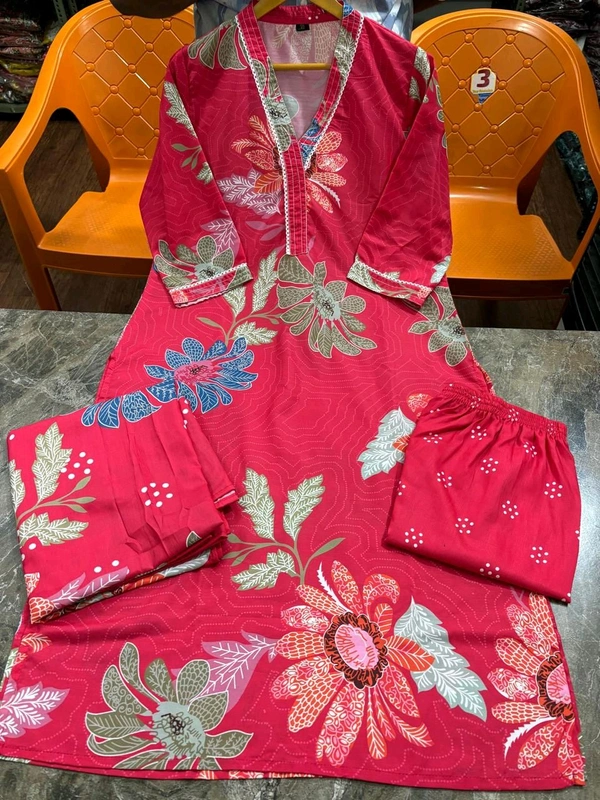 SF3  5577 New straight kurta set with new style in machin   print   -Muslim Work Embroidery  work - Red, M-38