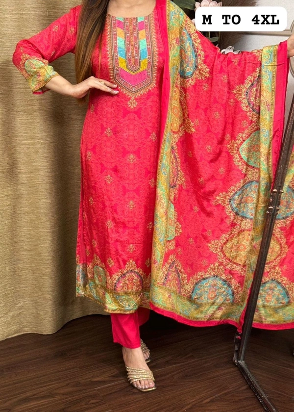SF3  5580 *NEW BEUTIFUL HEAVY FULLY STITCHIED SUIT SET beautiful Heavy Suit Set which is beautifully decorated HEAVY Maslin  SILK - Red, L-40