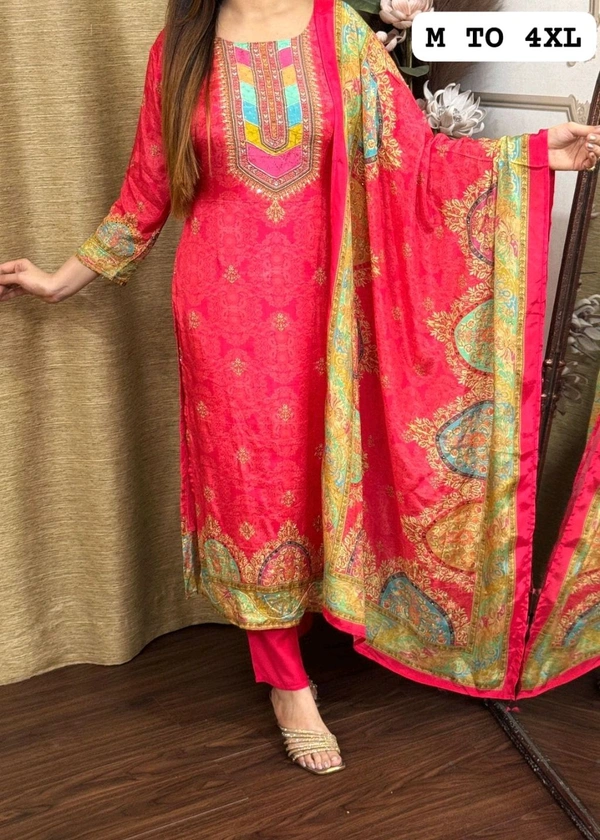 SF3  5580 *NEW BEUTIFUL HEAVY FULLY STITCHIED SUIT SET beautiful Heavy Suit Set which is beautifully decorated HEAVY Maslin  SILK - Red, 3XL-46