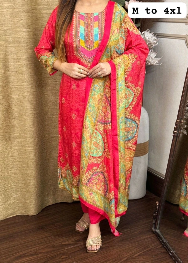SF3  5580 *NEW BEUTIFUL HEAVY FULLY STITCHIED SUIT SET beautiful Heavy Suit Set which is beautifully decorated HEAVY Maslin  SILK - Red, 3XL-46