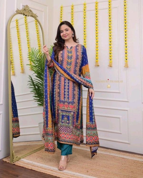 SF3  5581 *NEW Havy Silk Multicoloured  print with work 3 pic suit set  print & work and full lining with silk pent and  dupatta  - Blue, XL-42