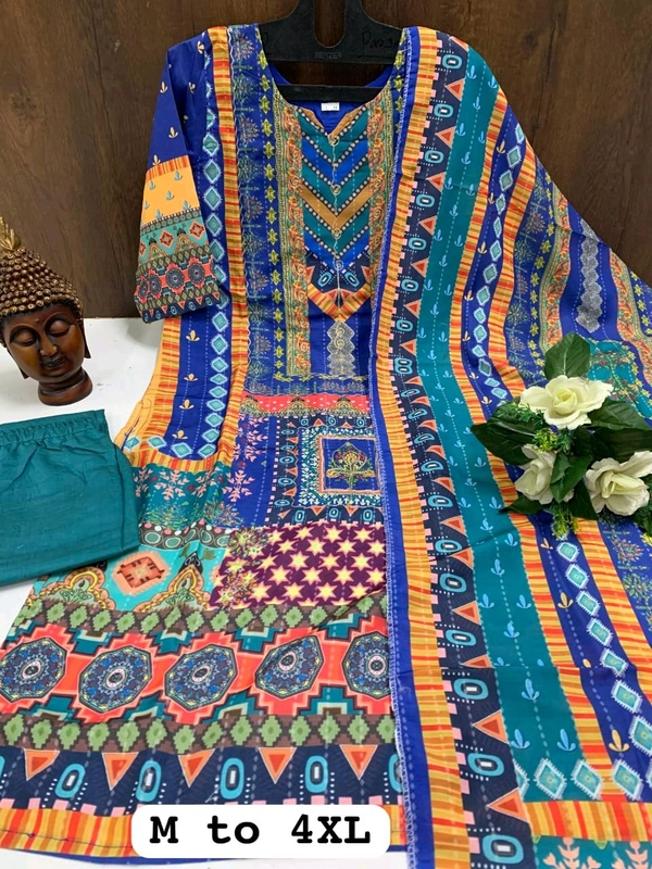 SF3  5581 *NEW Havy Silk Multicoloured  print with work 3 pic suit set  print & work and full lining with silk pent and  dupatta  - Blue, XL-42
