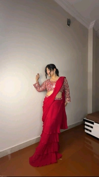 DSS 5585  Georgette Ruffle Ready To Wear Saree With Readymade Blouse Design Multi Thread Embroidery Sequence Work - Pink, 2XL-44