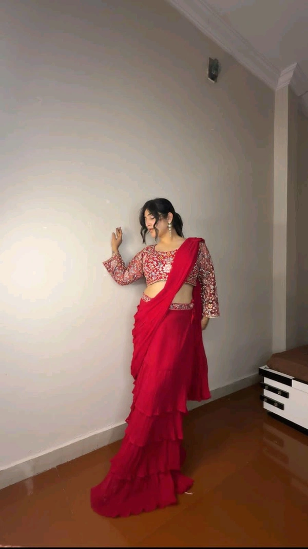 DSS 5585  Georgette Ruffle Ready To Wear Saree With Readymade Blouse Design Multi Thread Embroidery Sequence Work - Pink, 2XL-44