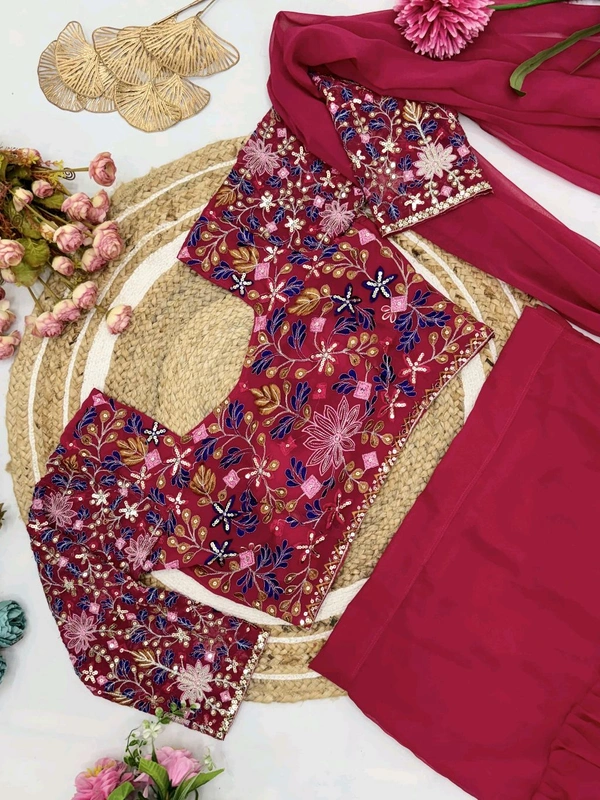 DSS 5585  Georgette Ruffle Ready To Wear Saree With Readymade Blouse Design Multi Thread Embroidery Sequence Work - Pink, 2XL-44