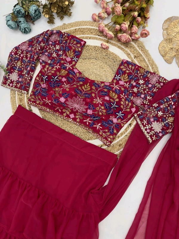 DSS 5585  Georgette Ruffle Ready To Wear Saree With Readymade Blouse Design Multi Thread Embroidery Sequence Work - Pink, 2XL-44