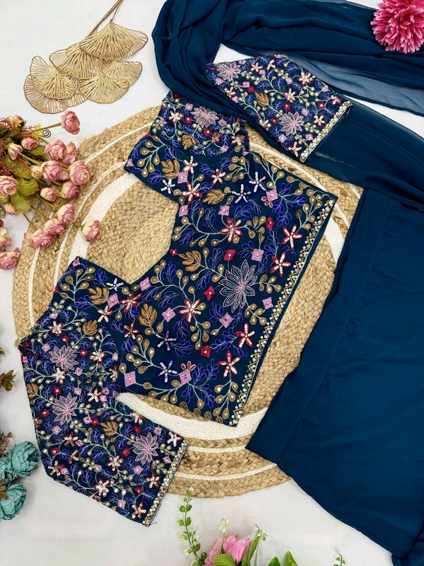 DSS 5585  Georgette Ruffle Ready To Wear Saree With Readymade Blouse Design Multi Thread Embroidery Sequence Work - Blue, 2XL-44